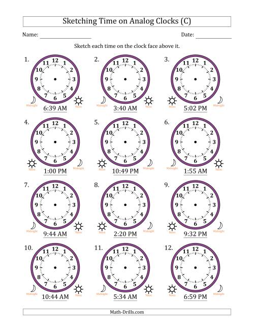 The Sketching 12 Hour Time on Analog Clocks in 1 Minute Intervals (12 Clocks) (C) Math Worksheet