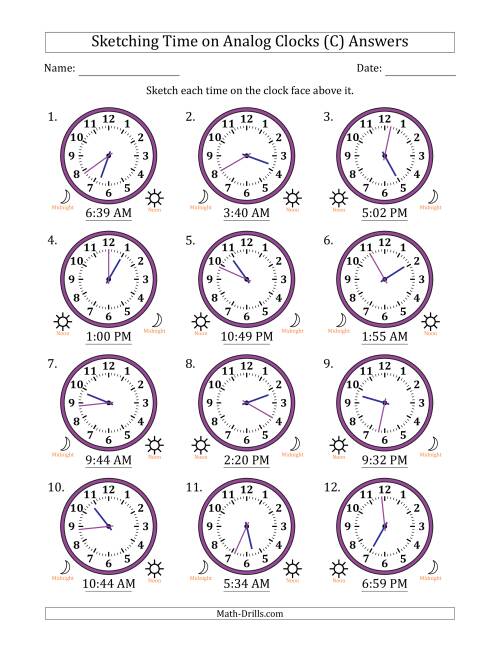 The Sketching 12 Hour Time on Analog Clocks in 1 Minute Intervals (12 Clocks) (C) Math Worksheet Page 2