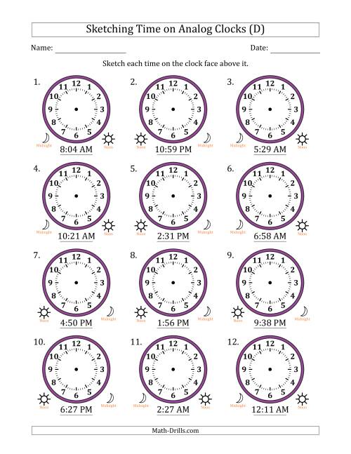The Sketching 12 Hour Time on Analog Clocks in 1 Minute Intervals (12 Clocks) (D) Math Worksheet