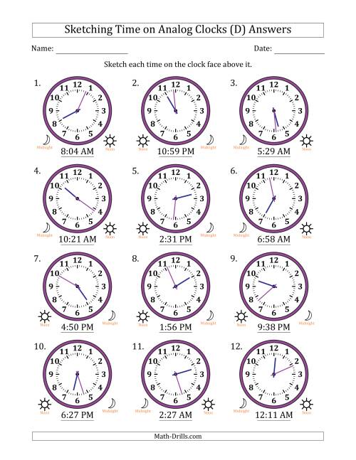 The Sketching 12 Hour Time on Analog Clocks in 1 Minute Intervals (12 Clocks) (D) Math Worksheet Page 2
