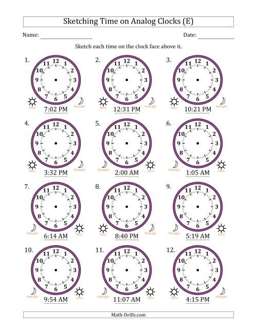 The Sketching 12 Hour Time on Analog Clocks in 1 Minute Intervals (12 Clocks) (E) Math Worksheet