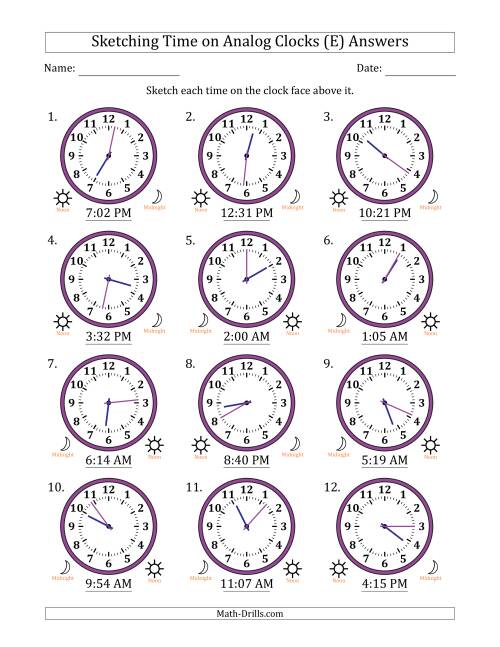The Sketching 12 Hour Time on Analog Clocks in 1 Minute Intervals (12 Clocks) (E) Math Worksheet Page 2