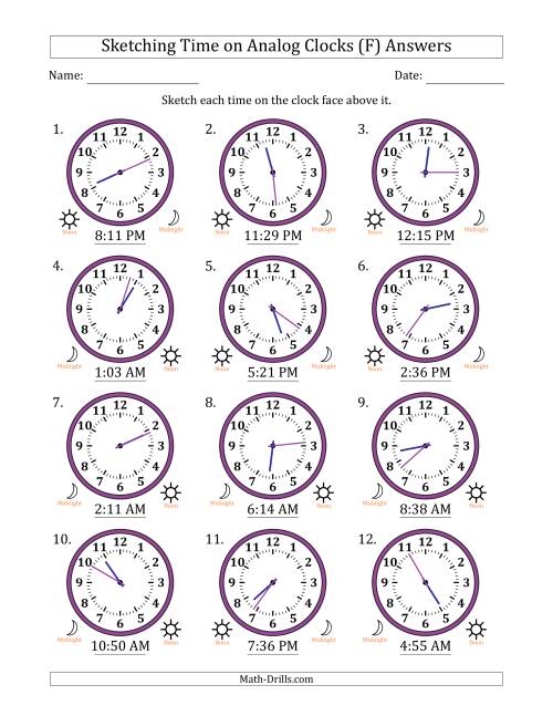 The Sketching 12 Hour Time on Analog Clocks in 1 Minute Intervals (12 Clocks) (F) Math Worksheet Page 2