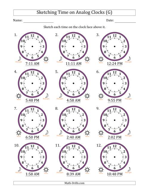 The Sketching 12 Hour Time on Analog Clocks in 1 Minute Intervals (12 Clocks) (G) Math Worksheet