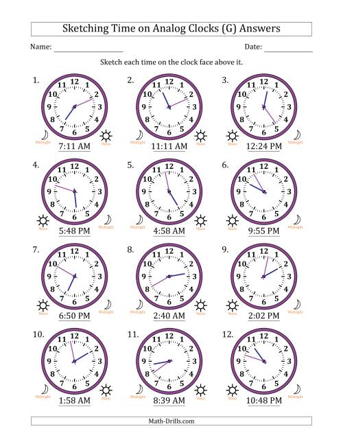 The Sketching 12 Hour Time on Analog Clocks in 1 Minute Intervals (12 Clocks) (G) Math Worksheet Page 2