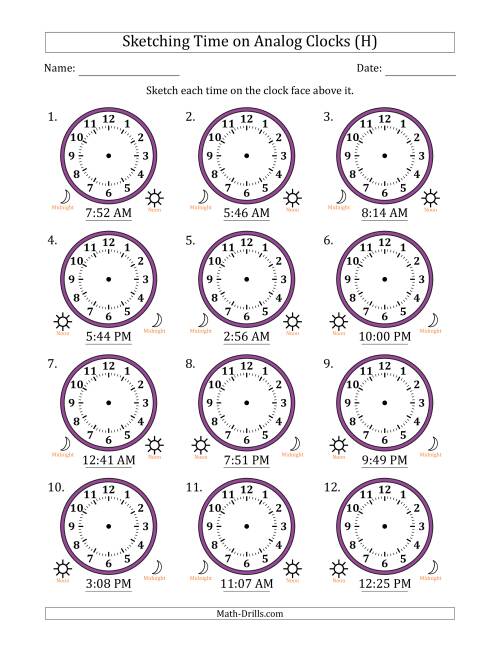 The Sketching 12 Hour Time on Analog Clocks in 1 Minute Intervals (12 Clocks) (H) Math Worksheet