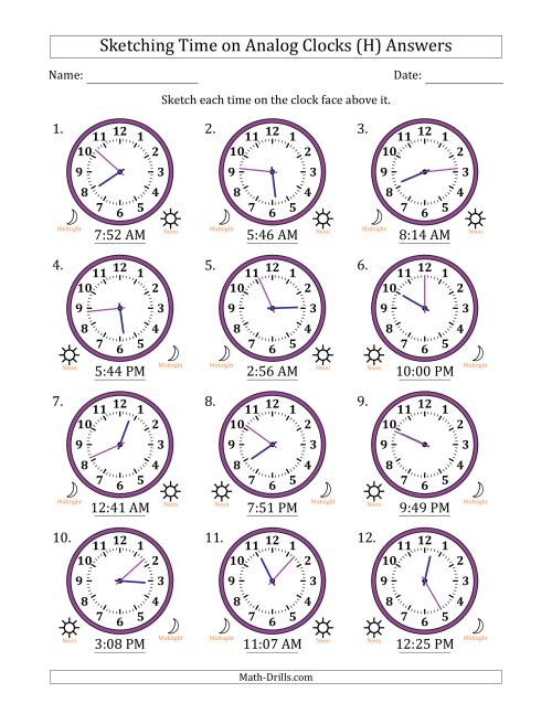 The Sketching 12 Hour Time on Analog Clocks in 1 Minute Intervals (12 Clocks) (H) Math Worksheet Page 2