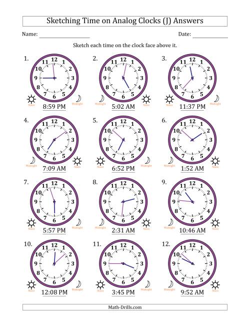 The Sketching 12 Hour Time on Analog Clocks in 1 Minute Intervals (12 Clocks) (J) Math Worksheet Page 2