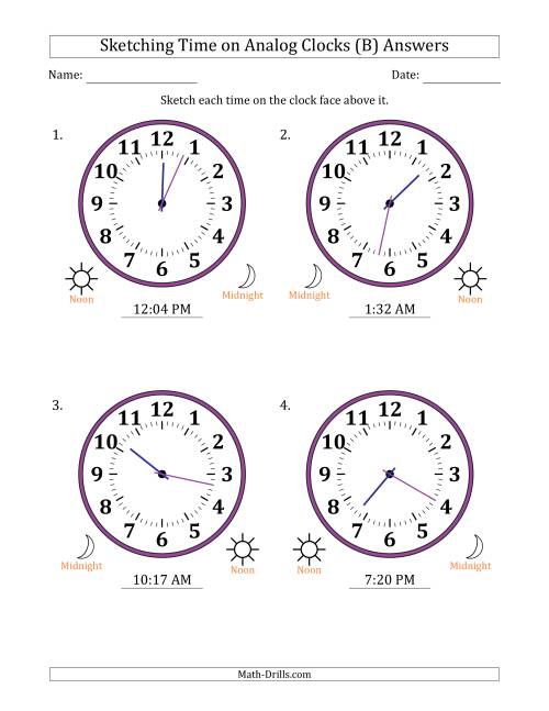 The Sketching 12 Hour Time on Analog Clocks in 1 Minute Intervals (4 Large Clocks) (B) Math Worksheet Page 2