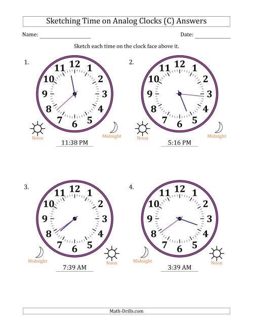 The Sketching 12 Hour Time on Analog Clocks in 1 Minute Intervals (4 Large Clocks) (C) Math Worksheet Page 2