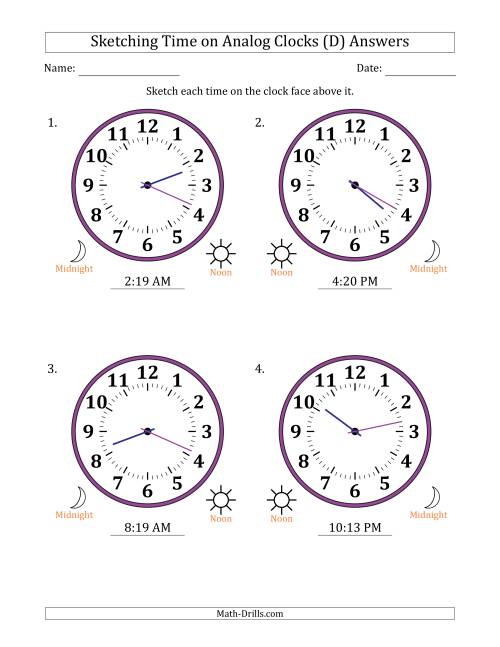 The Sketching 12 Hour Time on Analog Clocks in 1 Minute Intervals (4 Large Clocks) (D) Math Worksheet Page 2