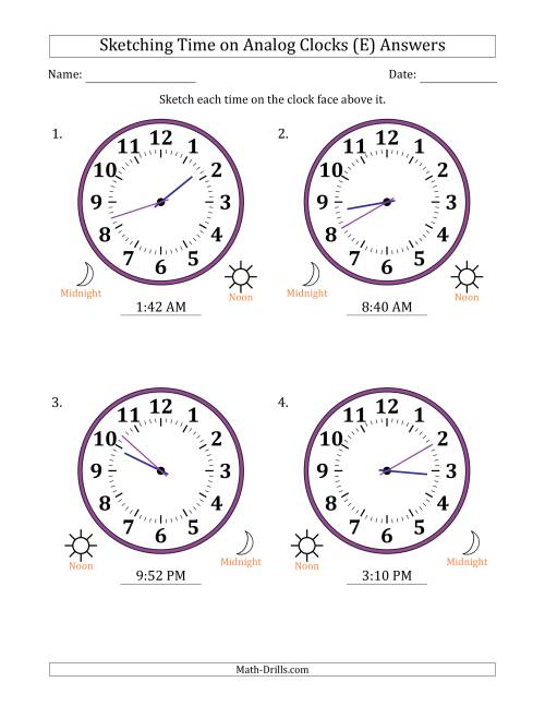The Sketching 12 Hour Time on Analog Clocks in 1 Minute Intervals (4 Large Clocks) (E) Math Worksheet Page 2