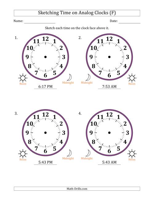 The Sketching 12 Hour Time on Analog Clocks in 1 Minute Intervals (4 Large Clocks) (F) Math Worksheet
