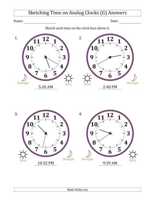 The Sketching 12 Hour Time on Analog Clocks in 1 Minute Intervals (4 Large Clocks) (G) Math Worksheet Page 2
