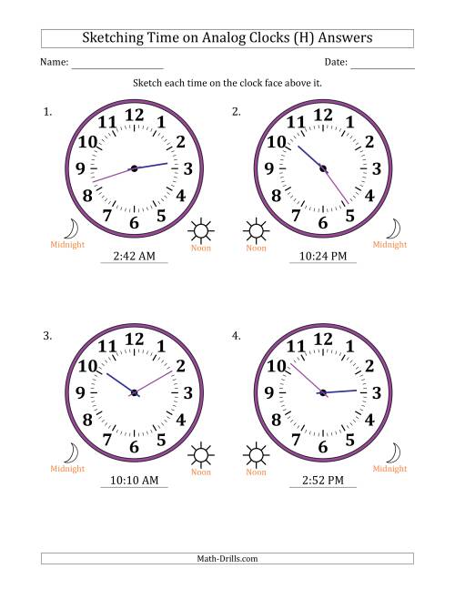 The Sketching 12 Hour Time on Analog Clocks in 1 Minute Intervals (4 Large Clocks) (H) Math Worksheet Page 2