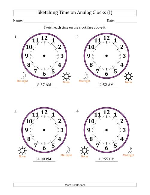The Sketching 12 Hour Time on Analog Clocks in 1 Minute Intervals (4 Large Clocks) (I) Math Worksheet