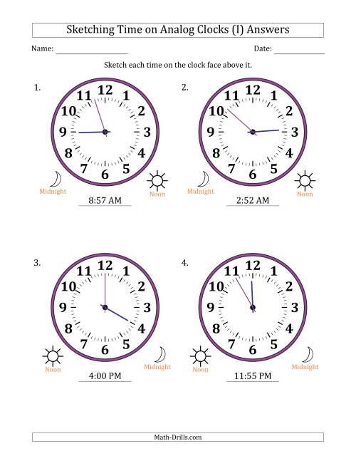 The Sketching 12 Hour Time on Analog Clocks in 1 Minute Intervals (4 Large Clocks) (I) Math Worksheet Page 2