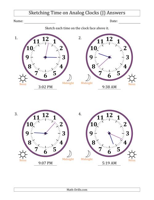 The Sketching 12 Hour Time on Analog Clocks in 1 Minute Intervals (4 Large Clocks) (J) Math Worksheet Page 2