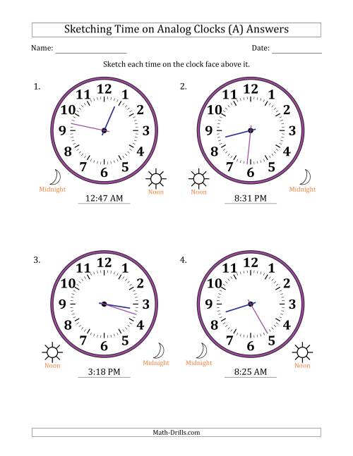 The Sketching 12 Hour Time on Analog Clocks in 1 Minute Intervals (4 Large Clocks) (All) Math Worksheet Page 2