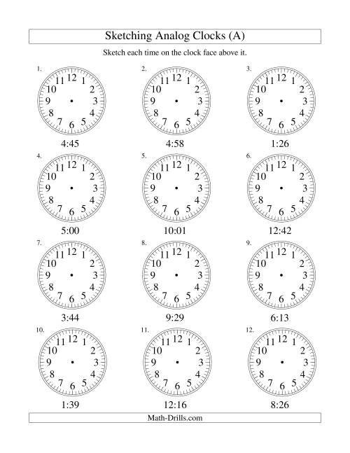 The Sketching Time on Analog Clocks in 1 Minute Intervals (Old) Math Worksheet