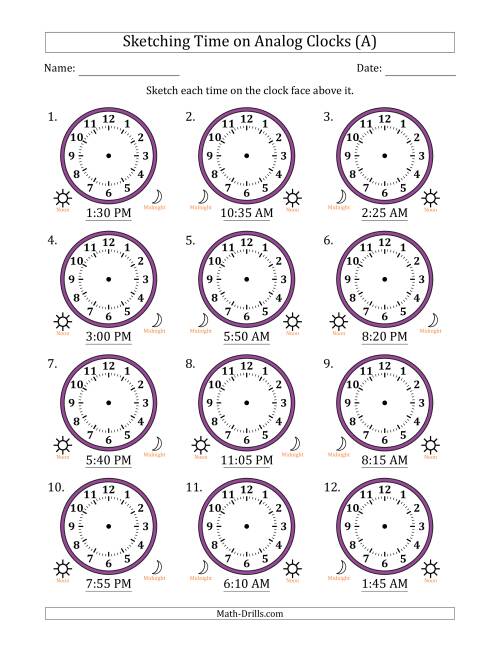 The Sketching 12 Hour Time on Analog Clocks in 5 Minute Intervals (12 Clocks) (A) Math Worksheet