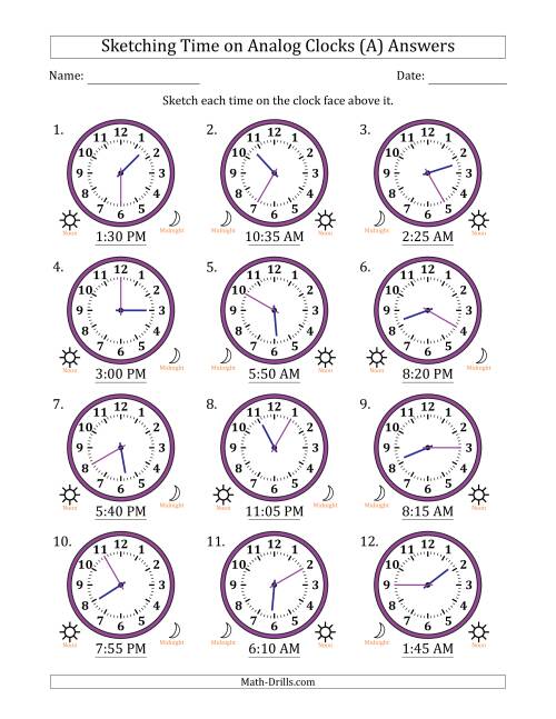 The Sketching 12 Hour Time on Analog Clocks in 5 Minute Intervals (12 Clocks) (A) Math Worksheet Page 2