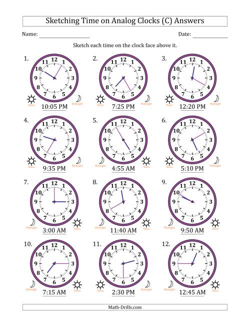 The Sketching 12 Hour Time on Analog Clocks in 5 Minute Intervals (12 Clocks) (C) Math Worksheet Page 2