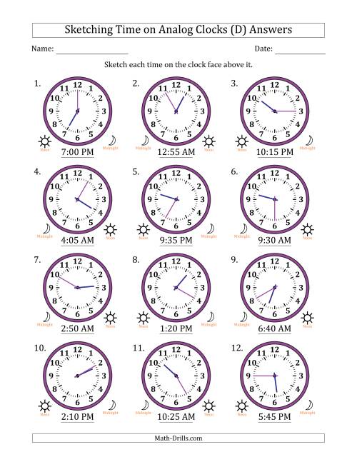 The Sketching 12 Hour Time on Analog Clocks in 5 Minute Intervals (12 Clocks) (D) Math Worksheet Page 2