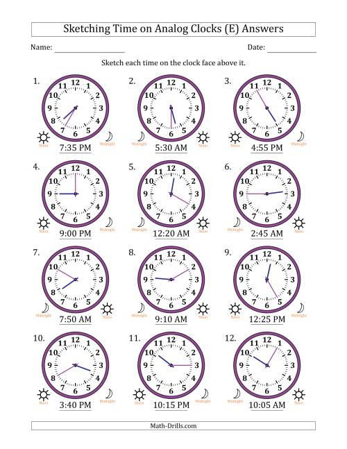 The Sketching 12 Hour Time on Analog Clocks in 5 Minute Intervals (12 Clocks) (E) Math Worksheet Page 2