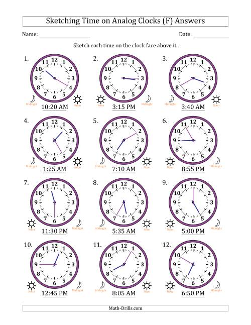 The Sketching 12 Hour Time on Analog Clocks in 5 Minute Intervals (12 Clocks) (F) Math Worksheet Page 2