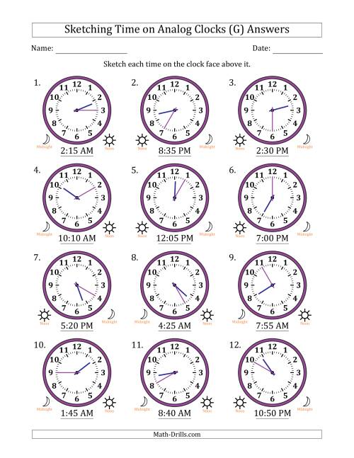 The Sketching 12 Hour Time on Analog Clocks in 5 Minute Intervals (12 Clocks) (G) Math Worksheet Page 2