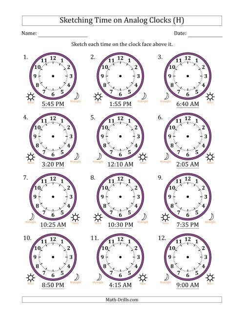 The Sketching 12 Hour Time on Analog Clocks in 5 Minute Intervals (12 Clocks) (H) Math Worksheet