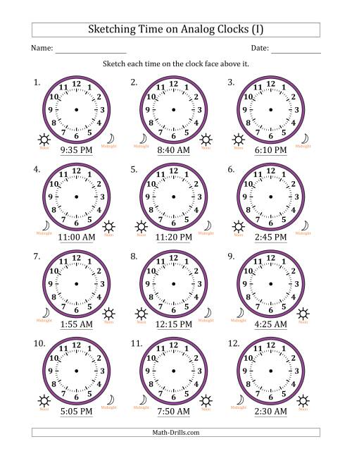 The Sketching 12 Hour Time on Analog Clocks in 5 Minute Intervals (12 Clocks) (I) Math Worksheet