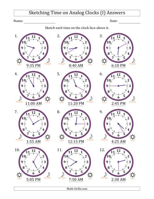 The Sketching 12 Hour Time on Analog Clocks in 5 Minute Intervals (12 Clocks) (I) Math Worksheet Page 2