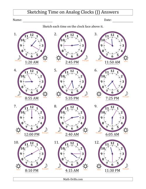 The Sketching 12 Hour Time on Analog Clocks in 5 Minute Intervals (12 Clocks) (J) Math Worksheet Page 2