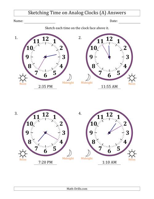 The Sketching 12 Hour Time on Analog Clocks in 5 Minute Intervals (4 Large Clocks) (A) Math Worksheet Page 2