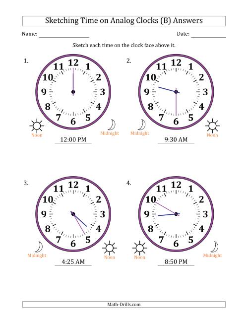 The Sketching 12 Hour Time on Analog Clocks in 5 Minute Intervals (4 Large Clocks) (B) Math Worksheet Page 2