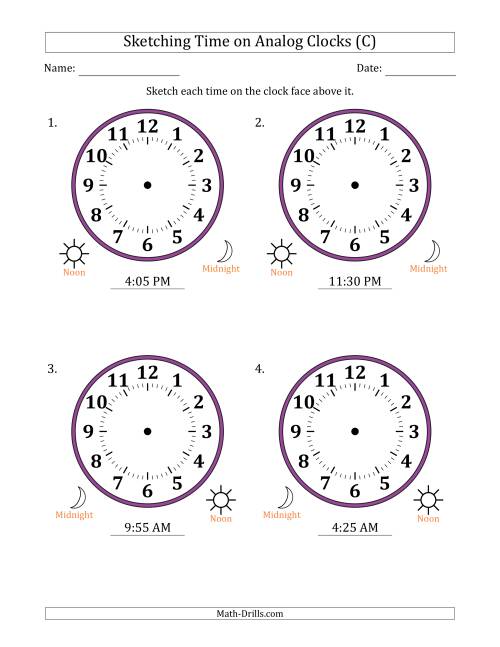 The Sketching 12 Hour Time on Analog Clocks in 5 Minute Intervals (4 Large Clocks) (C) Math Worksheet