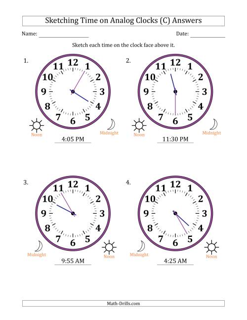 The Sketching 12 Hour Time on Analog Clocks in 5 Minute Intervals (4 Large Clocks) (C) Math Worksheet Page 2