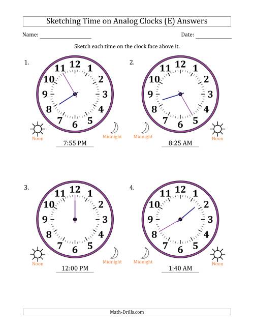 The Sketching 12 Hour Time on Analog Clocks in 5 Minute Intervals (4 Large Clocks) (E) Math Worksheet Page 2