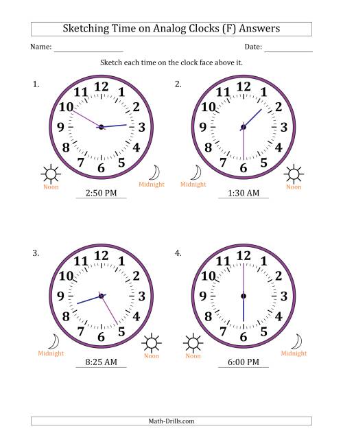 The Sketching 12 Hour Time on Analog Clocks in 5 Minute Intervals (4 Large Clocks) (F) Math Worksheet Page 2