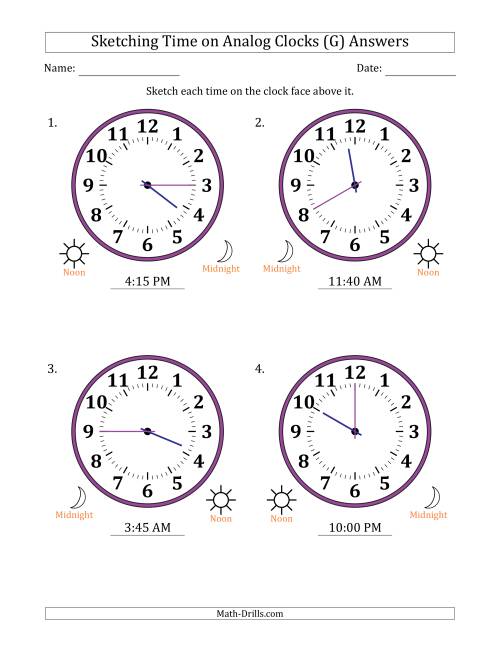 The Sketching 12 Hour Time on Analog Clocks in 5 Minute Intervals (4 Large Clocks) (G) Math Worksheet Page 2