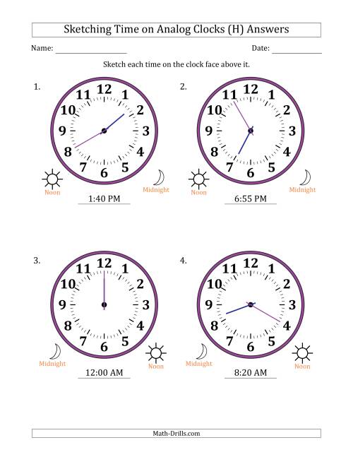The Sketching 12 Hour Time on Analog Clocks in 5 Minute Intervals (4 Large Clocks) (H) Math Worksheet Page 2