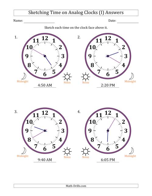 The Sketching 12 Hour Time on Analog Clocks in 5 Minute Intervals (4 Large Clocks) (I) Math Worksheet Page 2