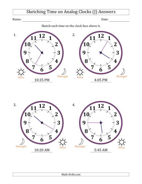 The Sketching 12 Hour Time on Analog Clocks in 5 Minute Intervals (4 Large Clocks) (J) Math Worksheet Page 2