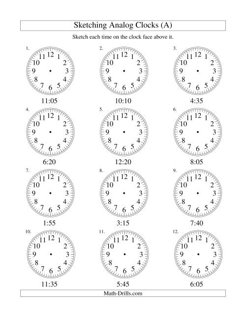 The Sketching Time on Analog Clocks in 5 Minute Intervals (Old) Math Worksheet