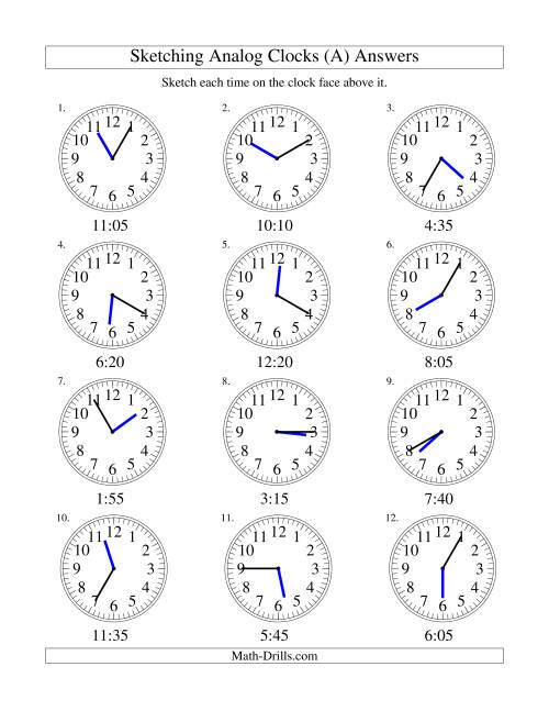 The Sketching Time on Analog Clocks in 5 Minute Intervals (Old) Math Worksheet Page 2