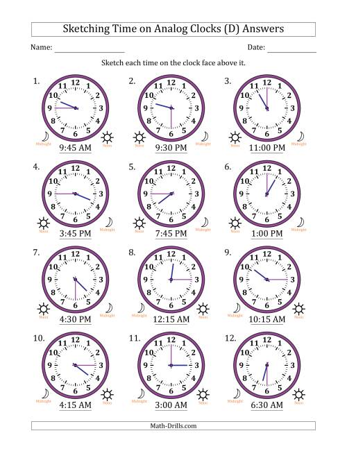The Sketching 12 Hour Time on Analog Clocks in 15 Minute Intervals (12 Clocks) (D) Math Worksheet Page 2