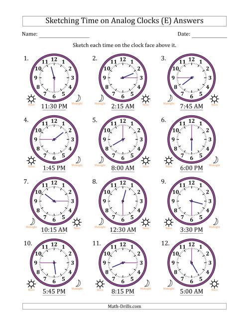 The Sketching 12 Hour Time on Analog Clocks in 15 Minute Intervals (12 Clocks) (E) Math Worksheet Page 2