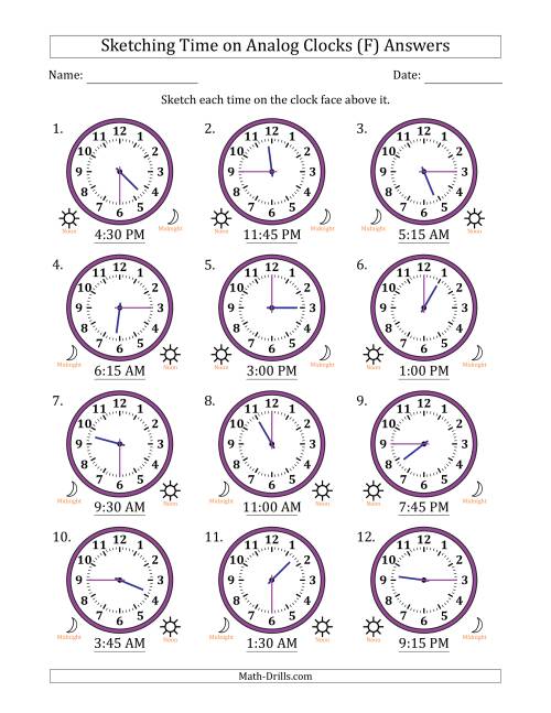 The Sketching 12 Hour Time on Analog Clocks in 15 Minute Intervals (12 Clocks) (F) Math Worksheet Page 2